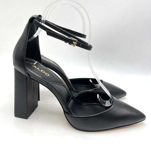 Aldo Womens Size 10 Black Leather D'Orsay Point Toe Block Heels Pumps Shoes - Picture 2 of 15